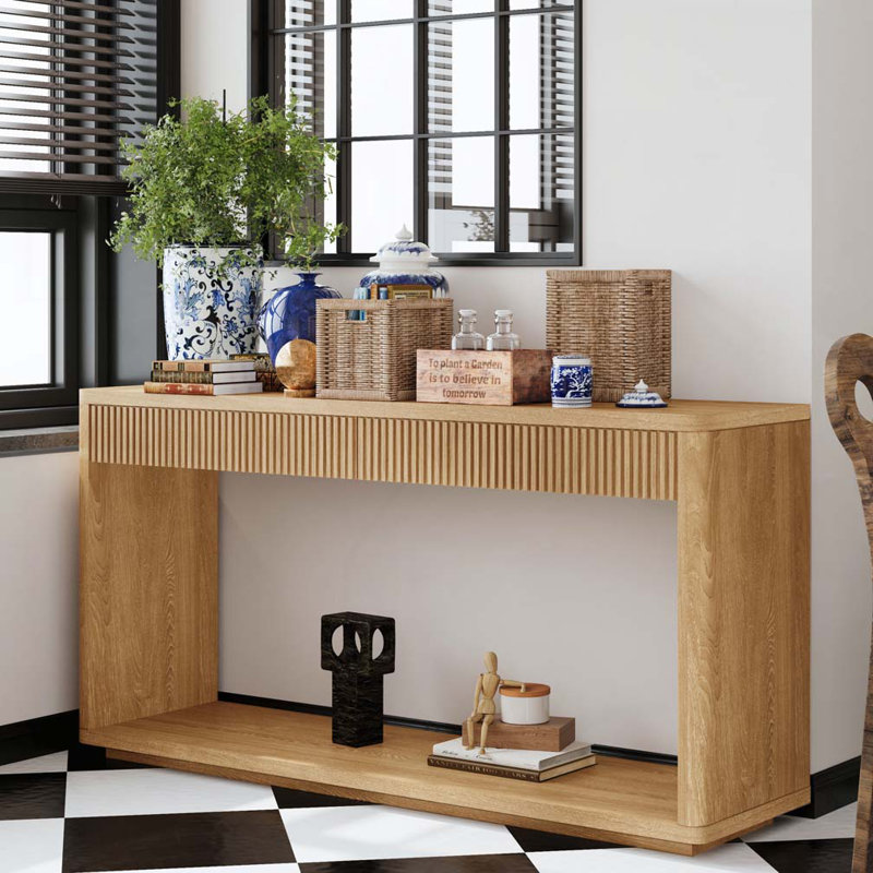 Console cannelée à 2 tiroirs pour le salon, le couloir, l'entrée et le bureau personnel, Bois naturel