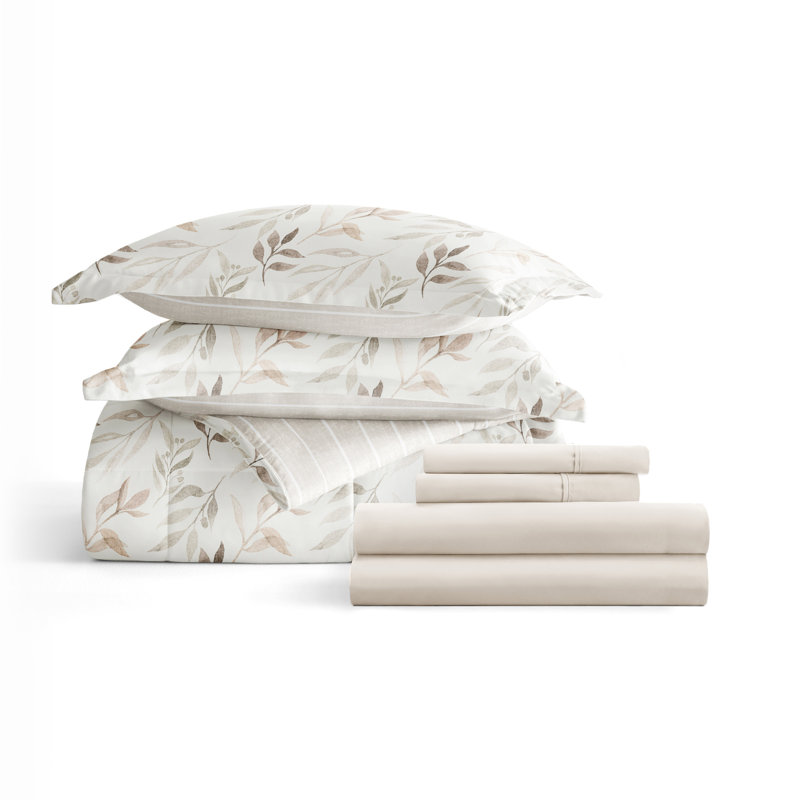 7-Piece Bedding Bundle - Pattern Comforter and Sheet Set, Full Comforter + 1 Additional Piece, Ivory Floral