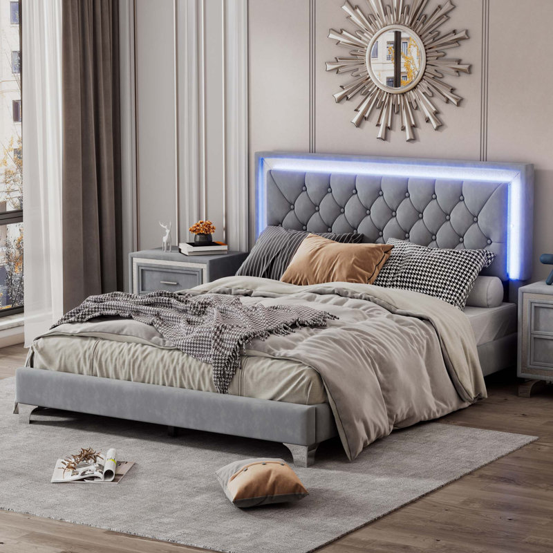 Structure de lit plateforme tapissier avec lumières DEL, Gris, Queen