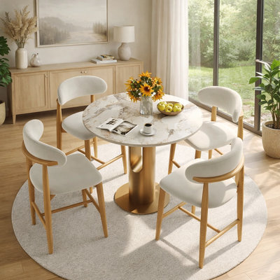 35" Round Counter Height Dining Table - Small Space Kitchen, Glossy Pandora Sintered Stone Top, Bronze Metal Base, Compact Breakfast Nook Table, Easy To Clean