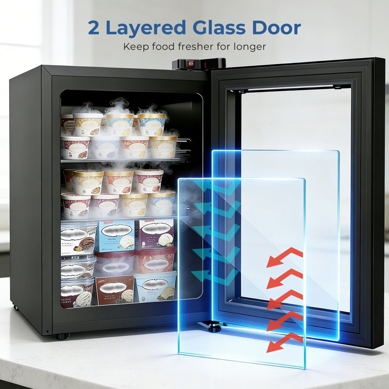 Electactic 2.2 Cu.ft Full Freezer - 10°F~-18°F Deep Freeze, 7 Temp Settings, Clear Glass Door & Interior Light, 2.2 Cu.ft