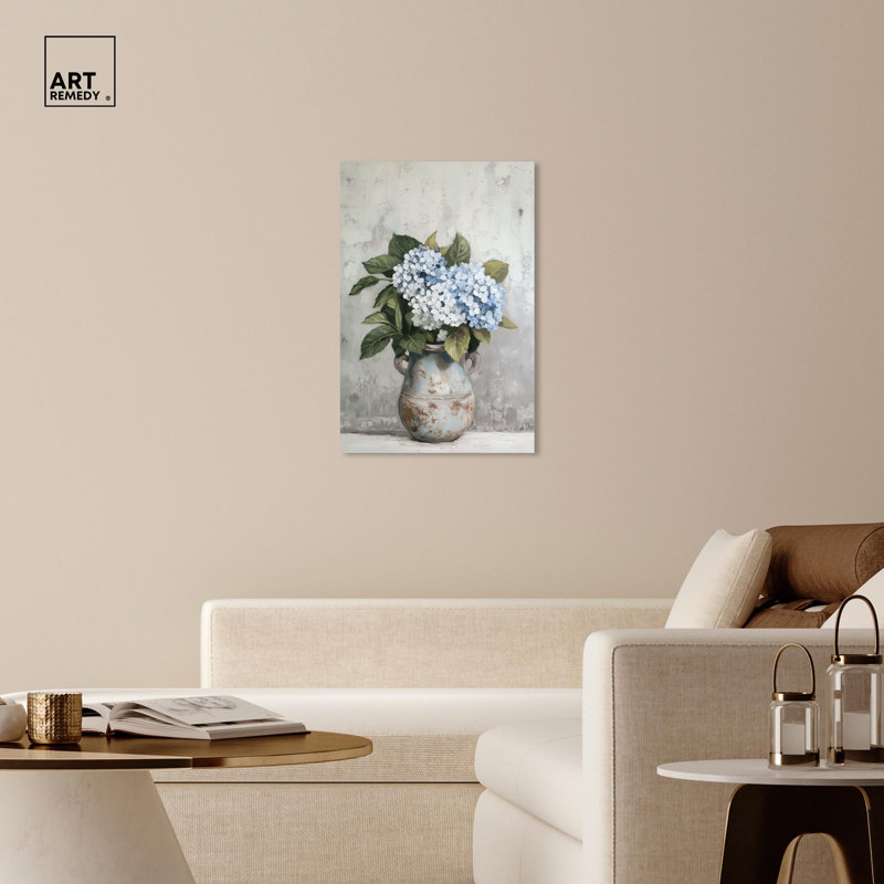 Large Blue and White Floral Canvas Art with Pine Frame