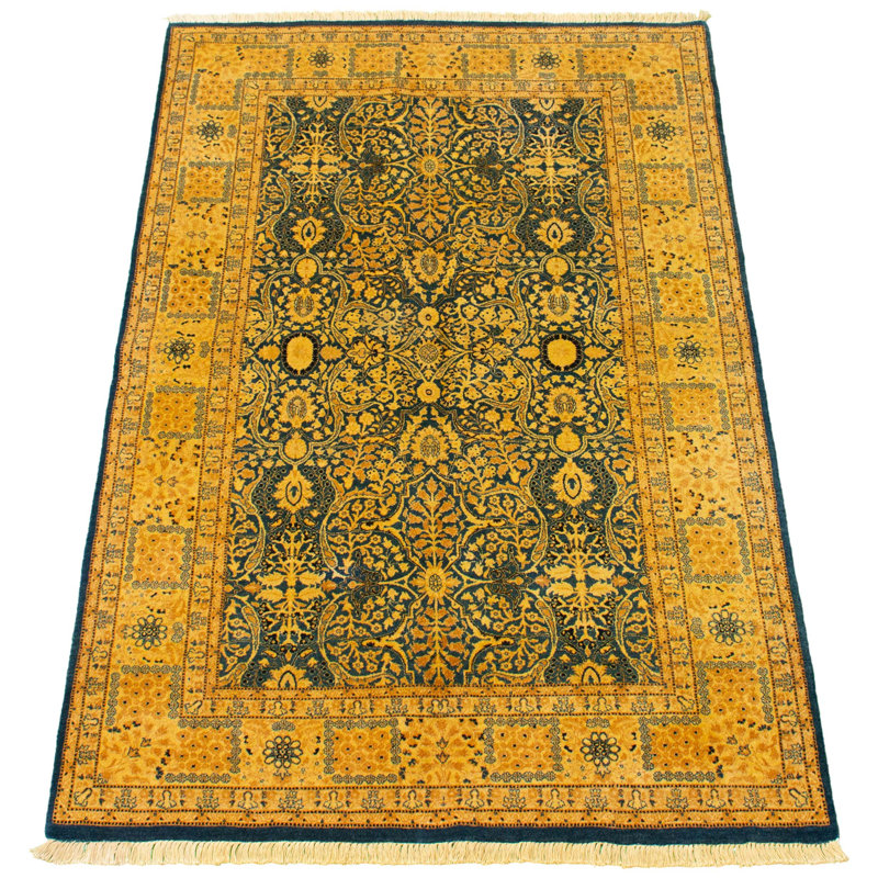 Tapis décoratif en laine noué à la main de conception unique 18/20 Perse New Age jaune/bleu 4 pi 6 po x 7 pi 3 po noué à la main