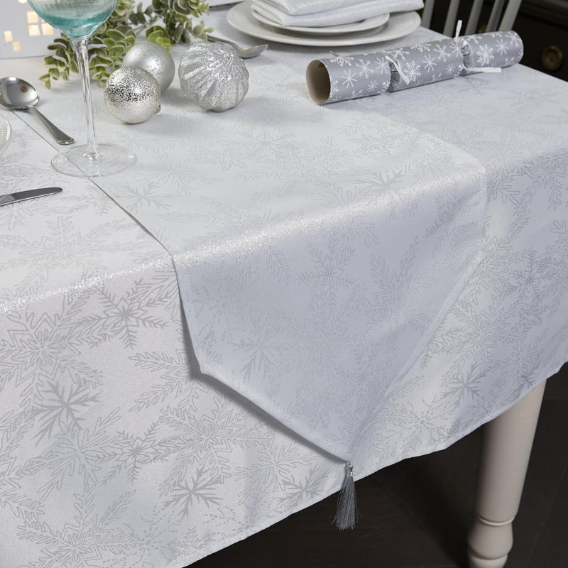 Christmas Metallic Blizzard Snowflake Tasselled Table Runner, 33cm W x 183cm L, White
