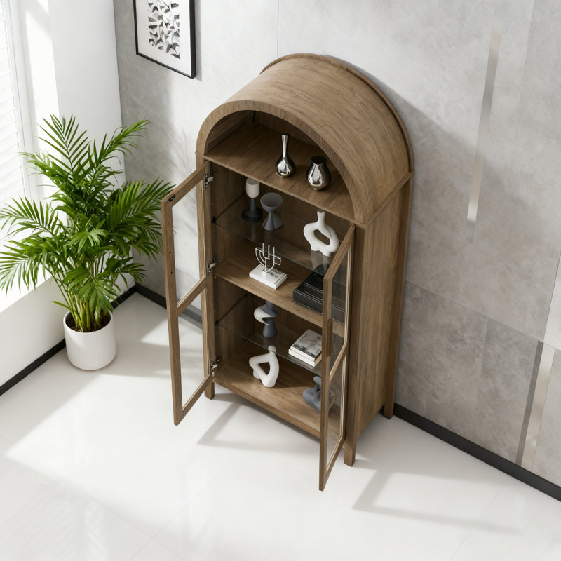 Armoire de rangement arquée avec lampe et cloisons en verre réglables, Browm