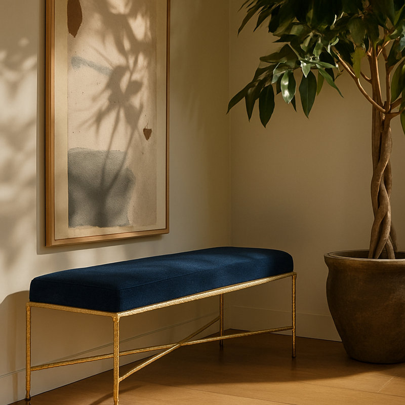 Iyania Chenille Fabric Bench, Navy Chenille Fabric, Gold