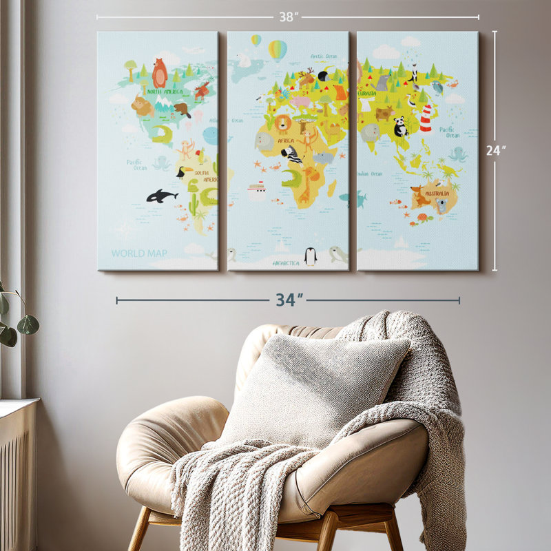 "Carte du monde des animaux" sur toile, H 24 po x l 38 po x P 1,25 po