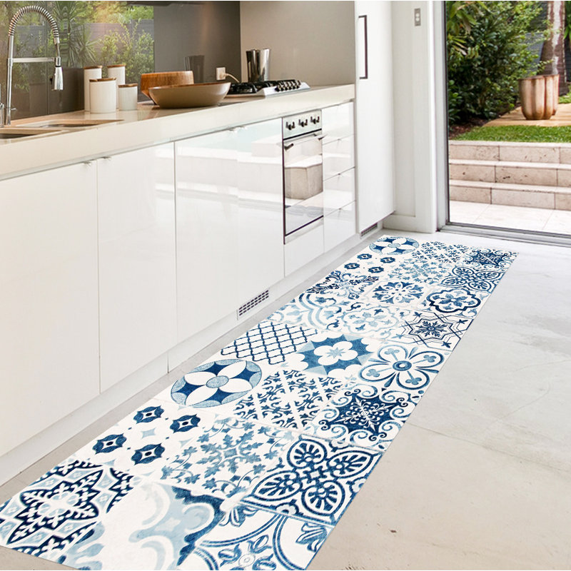 Miera Kitchen Mat, White/Blue, Runner 66 x 250cm