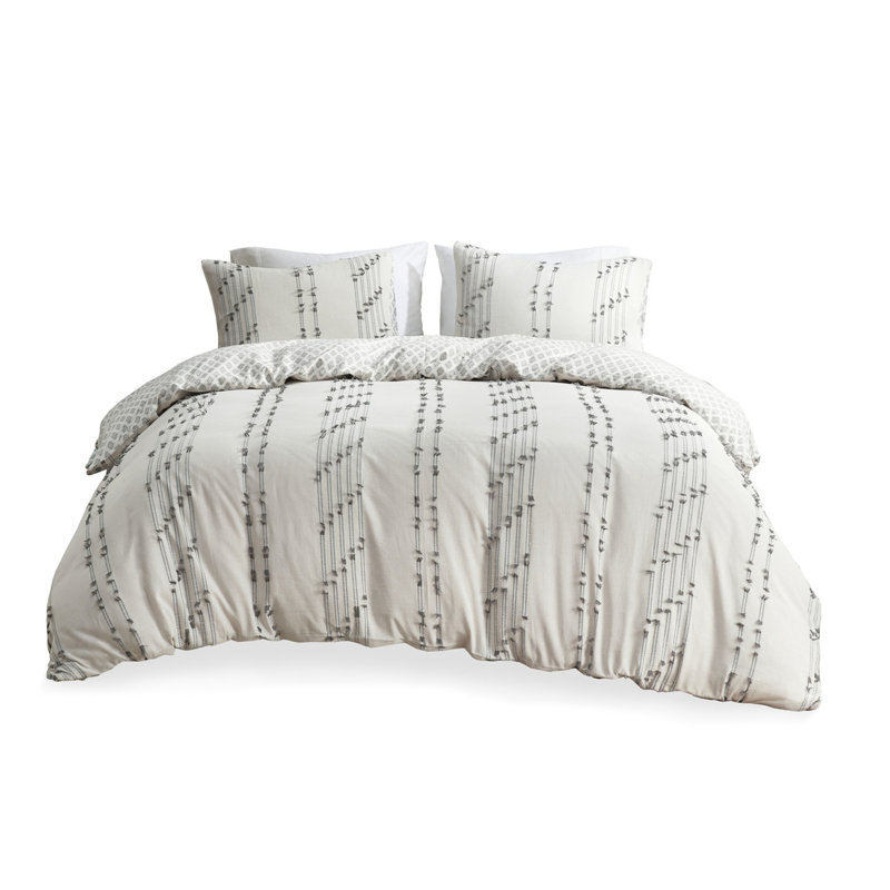 Housse de couette 100% coton pour lit double / grand lit avec rayures grises, revers, 2 taies décoratives, lavable et fermeture à boutons, 4 attaches intérieures, réversible, lavage en machine,,, -,