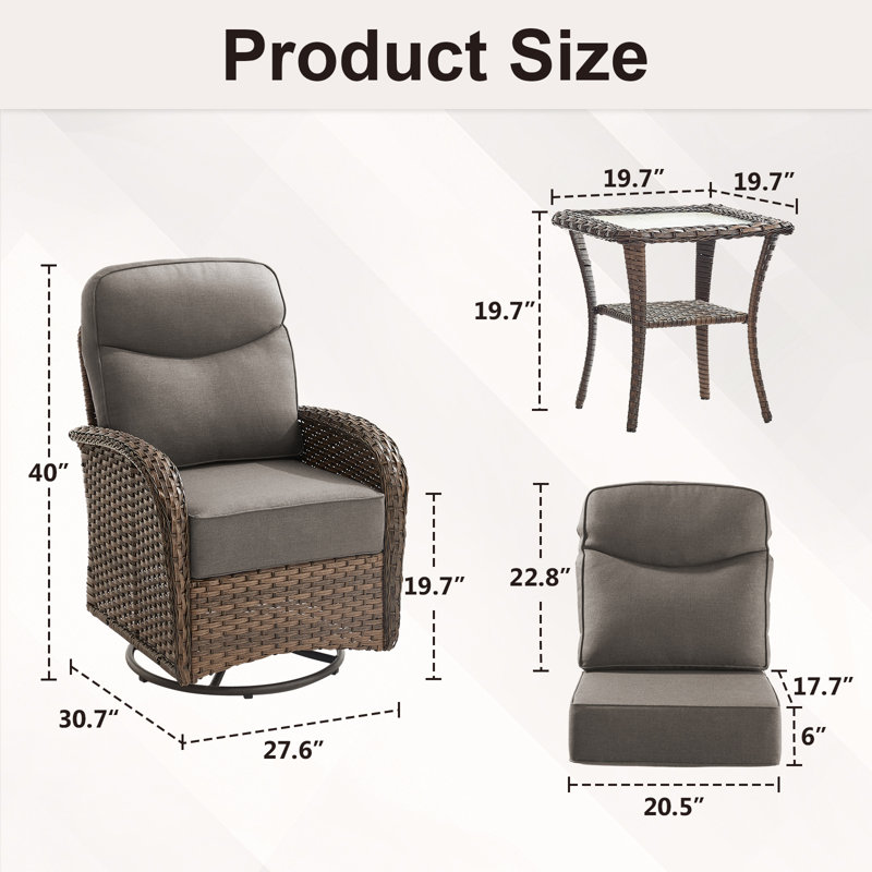 Ensemble 3 pièces de chaises pivotantes en osier de 6 po avec table d'appoint Alakai, Gris, Brun