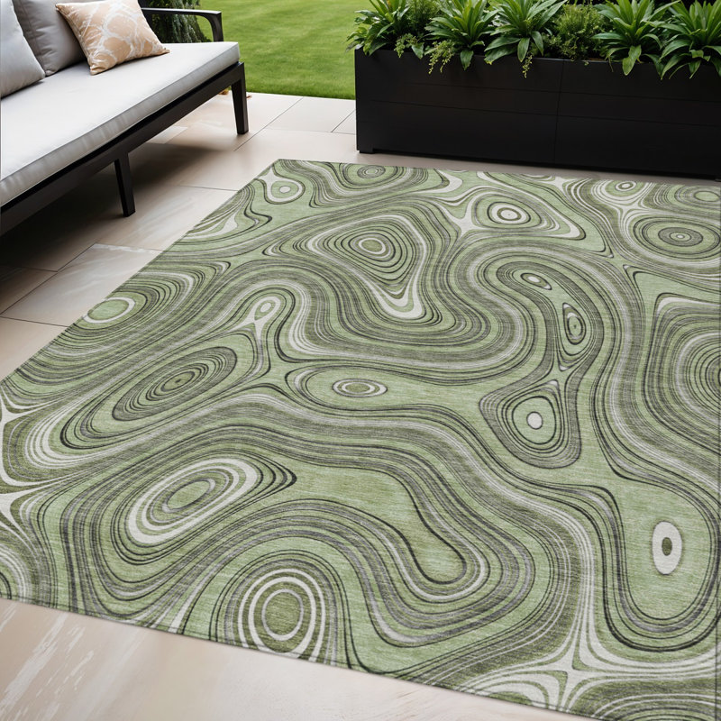 Tapis intérieur / extérieur géométrique lavable 5 pi x 8 pi vert et ivoire