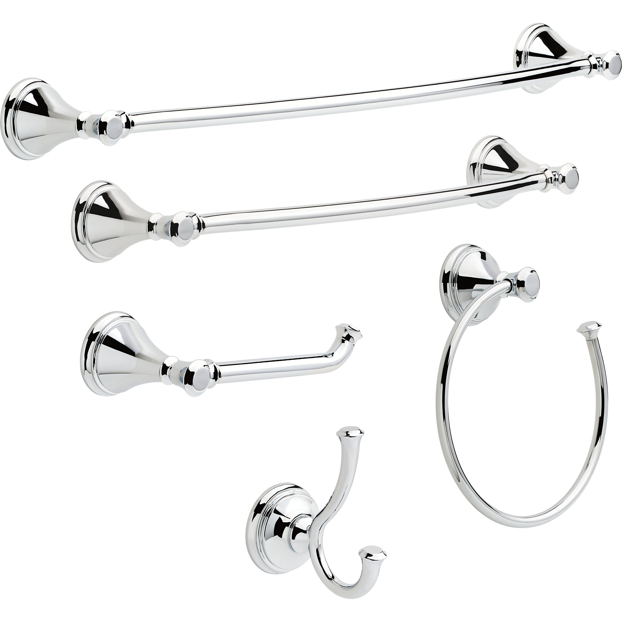 Delta Cassidy 5-Piece Bath Hardware Set 18, 24 in. Towel Bars, Toilet Paper Holder, Towel Ring, Towel Hook & Reviews | Wayfair
