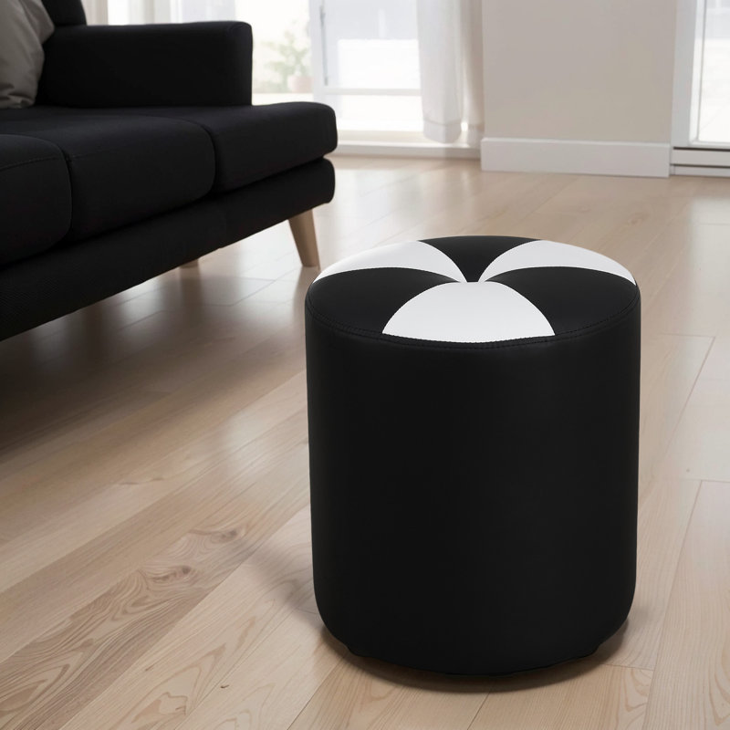 Upholstered Living Room Rounded Ottoman And Stool, Black/White Faux Leather