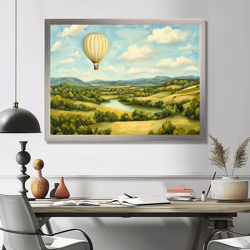 Balade en montgolfière au-dessus de la vallée en Italie I - Montgolfière, salon d'art mural, 12" H x 20" W, Argent argent
