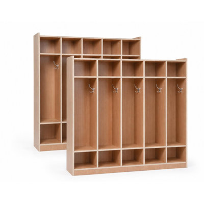 Finished 5-Section Kids Coat Locker, Smooth Wood Surface with 10 Classroom Cubbies, 2 Anti-tip Kits, 4 Casters & 2 Storage Boxes -2PCS