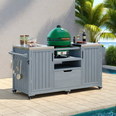 Outdoor Kitchen Island With Stainless Steel Top, 1 Drawer, Storage Shelves, Sturdy Spice Rack, Paper Towel Rack, 5 S-hook Hangers, And A Bottle Opener by Gracie Oaks