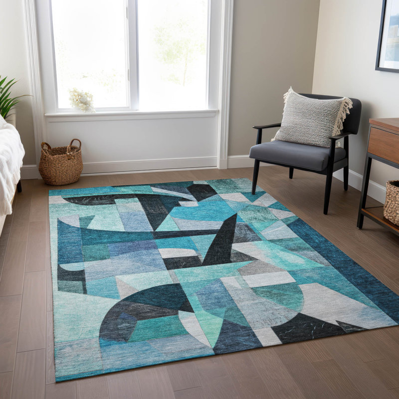 Tapis bleu sarcelle lavable à la machine intérieur / extérieur Xhevrie, Rectangle 5 pi x 7 pi 6 po