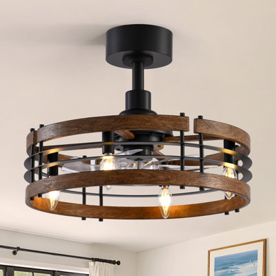 20" Farmhouse Caged Ceiling Fan with Lights, Remote Control, Reversible DC Motor, 6-Speed, 4-Light E12 Fixture, Rustic Wood Grain Finish