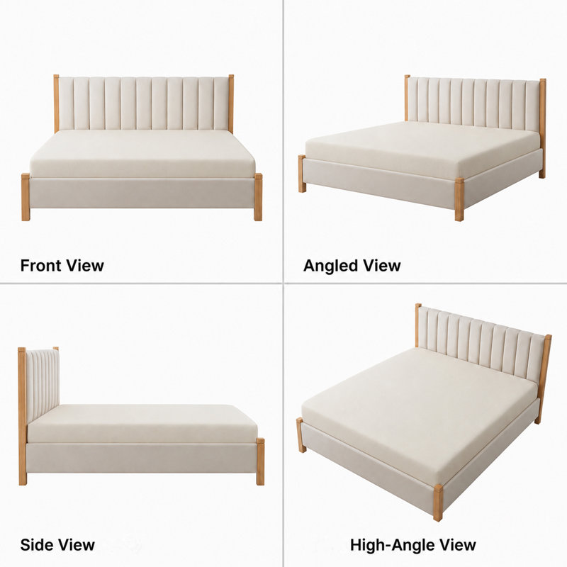 Scandinavian Upholstered Platform Bed with Solid Wood Frame, Beige, King