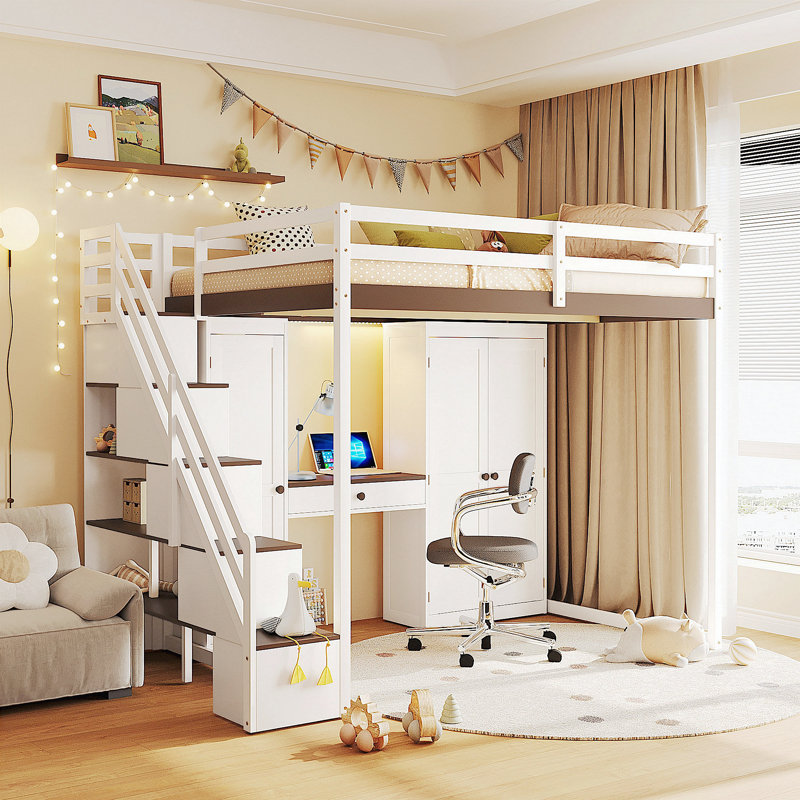 Lit mezzanine double avec escalier de rangement, coiffeuse intégrée avec miroir et tiroir, garde-robe et armoires, ports de recharge USB et lumières, blanc et brun