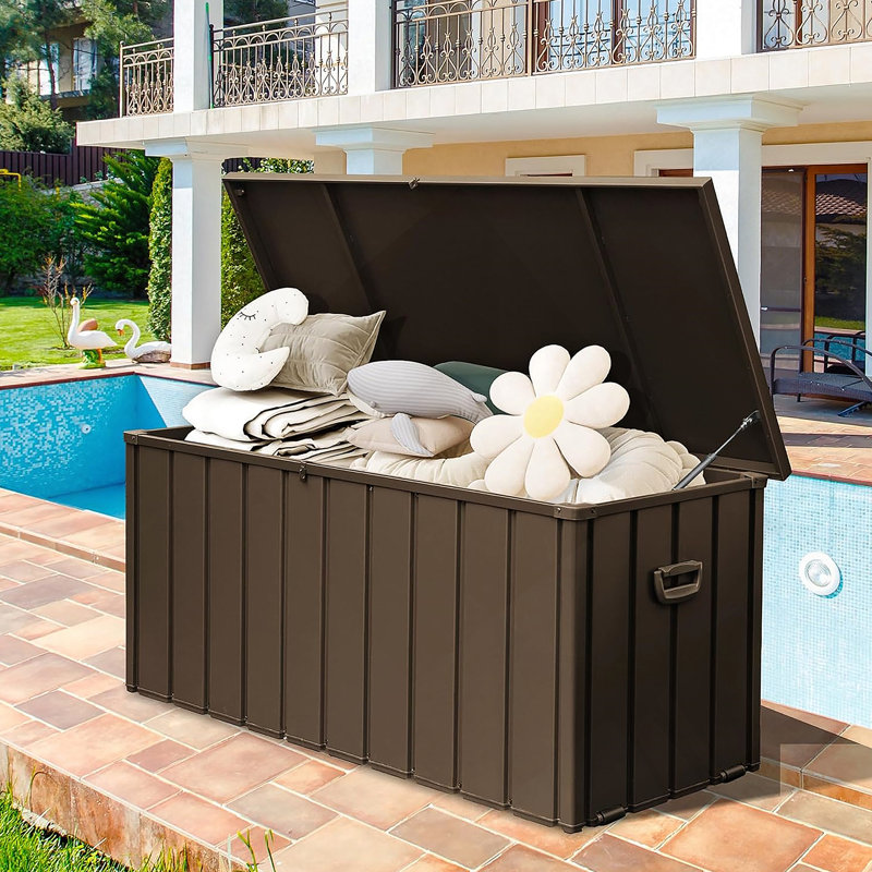 190 Gallon Metal Deck Box, Waterproof Steel Outdoor Box, Large Patio Furniture Storage Cabinet, Lockable Storage Bench for Porch Package Delivery, Pillows, Cushions, Pool, Tools, Backyard, Brown