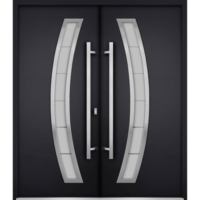 Front Exterior Prehung Metal Double Doors Deux 6500 Black Enamel Frosted Glass Entry Modern Painted Left Inswing Active Door 72 x 80