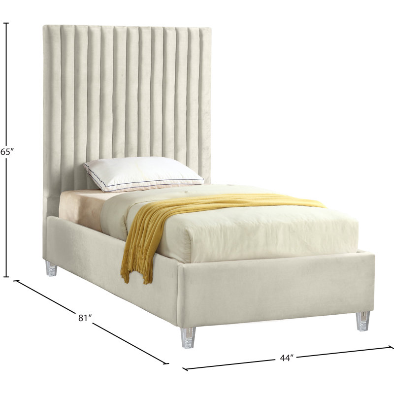Upholstered Platform Bed, Twin, Cream Velvet
