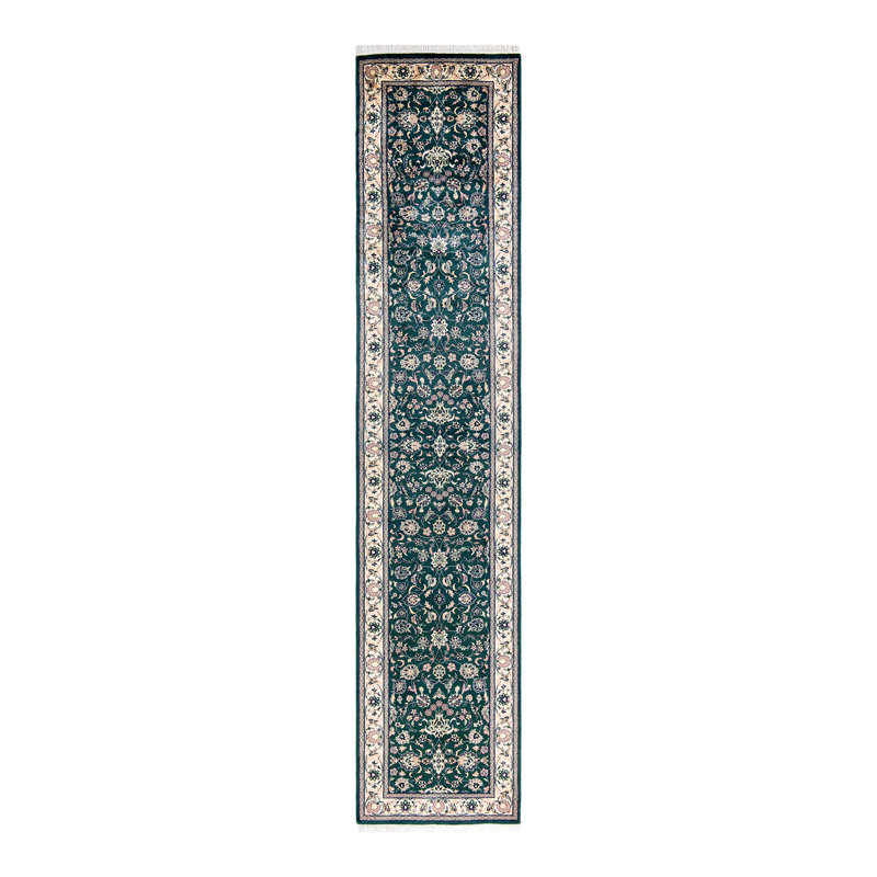 Tapis unique noué à la main Hayner - ivoire / émeraude, 2 pi 6 po x 12 pi 7 po Hayner