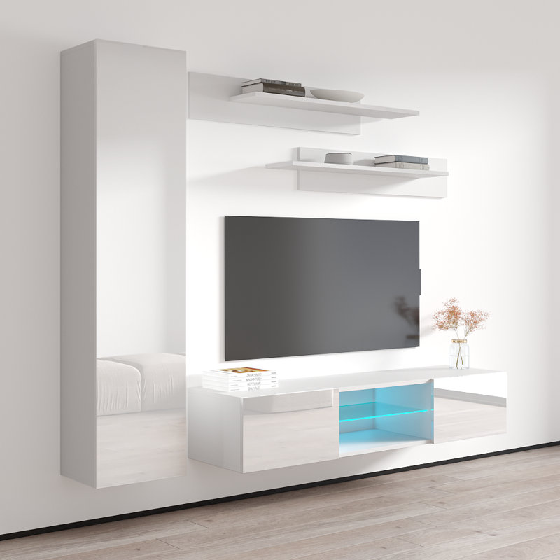 85" Modern Floating Wall Mounted Entertainment Center with 16-Color LED Lighting, High Gloss Finish, White