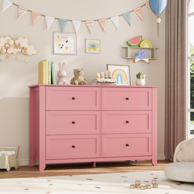Pink 6 Drawer Dresser, Large Wooden Chest with Deep Drawers & Metal Knobs for Bedroom Hallway