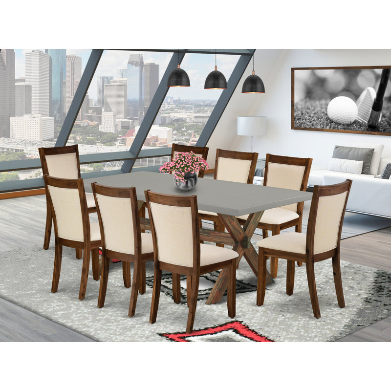 Ensemble de table de salle à manger 9 pièces comprenant une table de salle à manger rectangulaire avec pieds en X et 8 chaises Parsons en lin beige clair, jacobin vieilli
