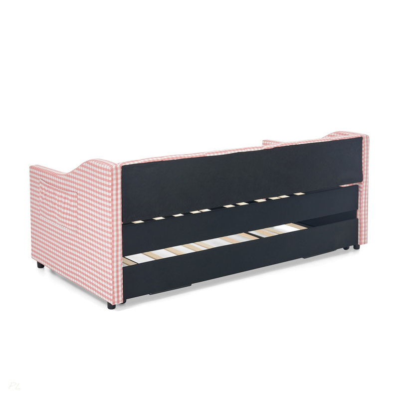 Lit de jour, lit de jour convertible rembourré avec dossier capitonné, canapé-lit polyvalent 3 en 1 avec lit gigogne escamotable et rangement latéral, parfait pour une vie compacte