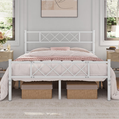 Modern Metal Bed Frame with Cross-design Headboard & Footboard