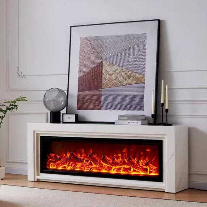 White Solid Wood TV Cabinet Fireplace, White, 23.62" H x 78.74" W x 12.99" D
