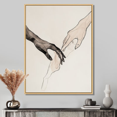 Beige Hands in One Continuous Gesture I - Line Art Framed Canvas Wall Art