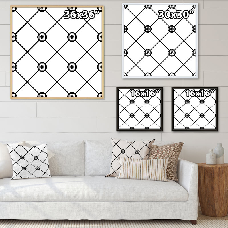 Carreaux de diamant géométrique noir et blanc - Impression sur toile, Cadre flottant doré, H 30 po x l 30 po