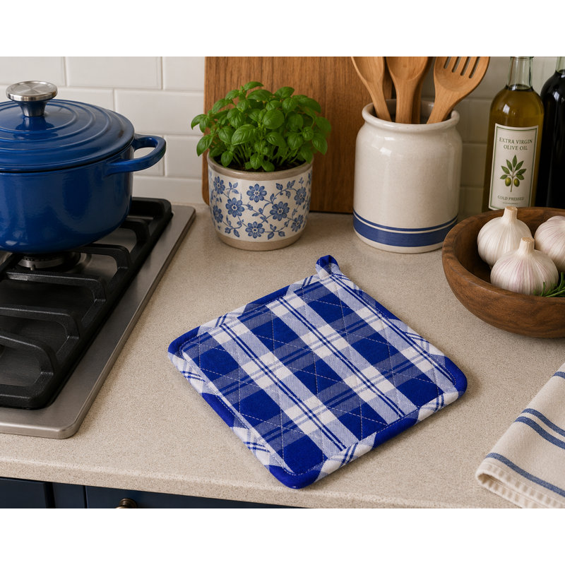 Ensemble de 2 porte-pots à motif à carreaux bleu marine, Blue/White
