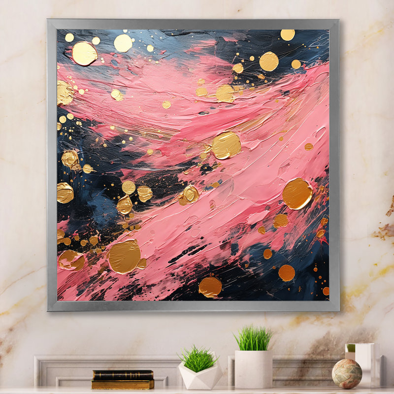 "Réjouir dans l'amour", rose et or, peinture abstraite, H 24 po x l 24 po x P 1 po, Cadre simple gris