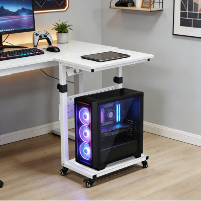 Adjustable 2-Tier Rolling CPU & Printer Stand with Wheels, Mobile Computer Tower Cart with Wood Top & Metal Frame, Under Desk Organizer, White