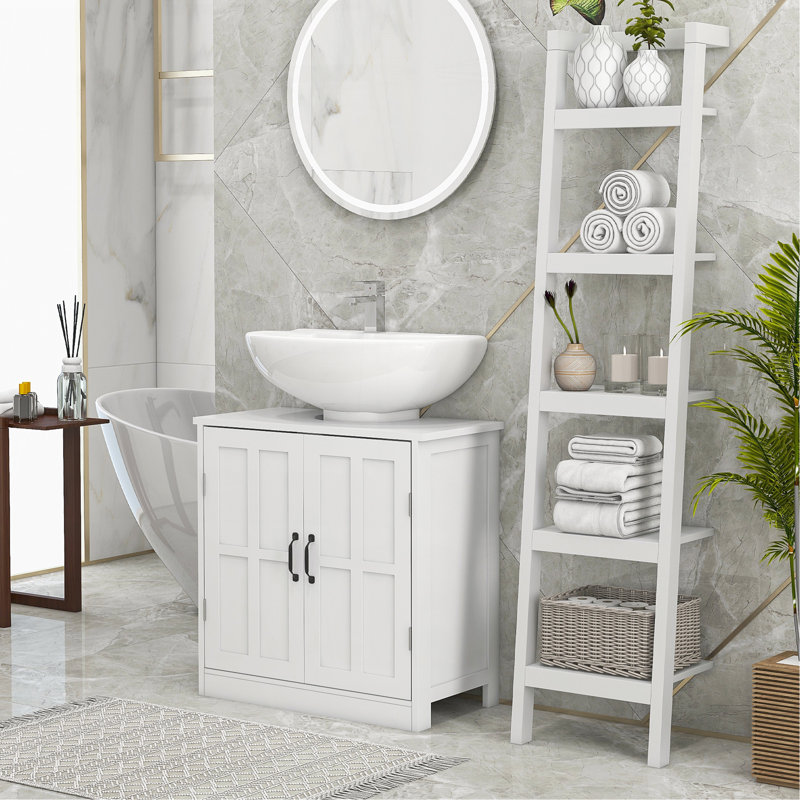 Meuble-lavabo de salle de bain, meuble-lavabo piédestal avec tablette réglable, blanc