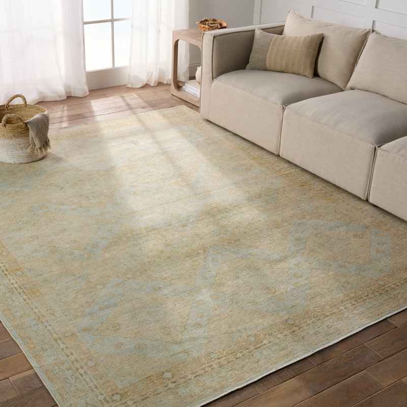 Tapis rayé fabriqué à la main en bleu / vert Yukiye, Rectangle 4 pi x 6 pi