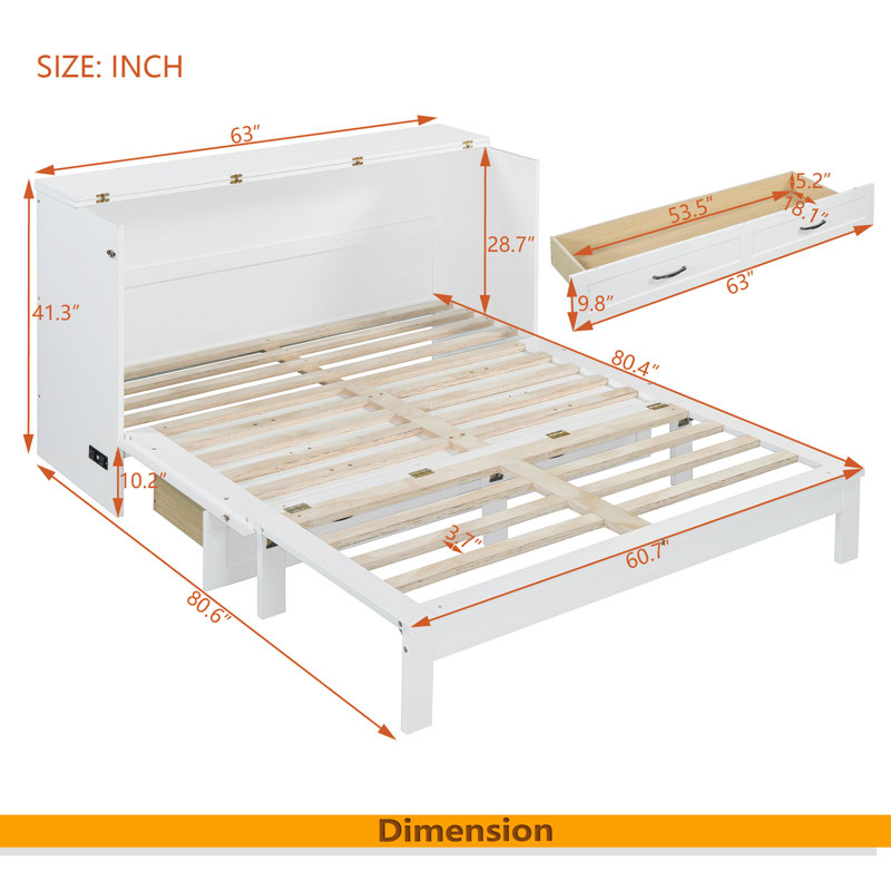 Murphy Bed With Large Drawers, White, Queen