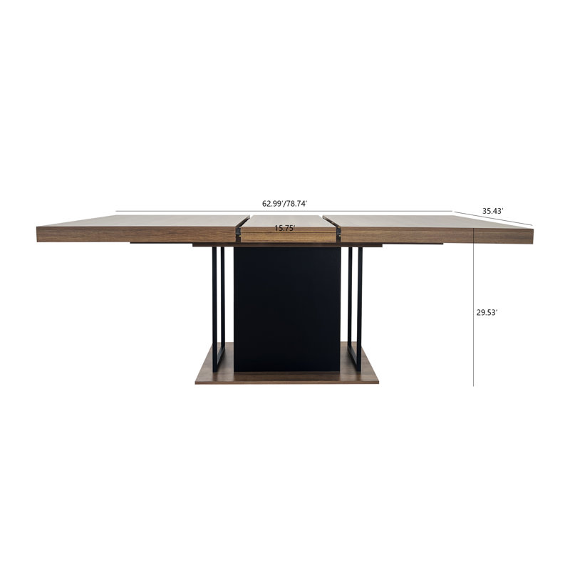 Table de salle à manger rectangulaire extensible avec double pied conique, fini bois vieilli et structure de support noire, pouvant accueillir de 6 à 10 personnes pour les grandes réunions de famille ou entre amis.