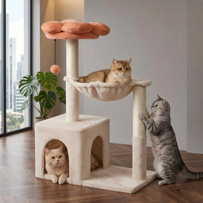 Arbre à chat 34 po pour grands chats, petite tour pour chat, grand hamac 15,7 po, lit supérieur amovible, condo large, pour chats d'intérieur, beige