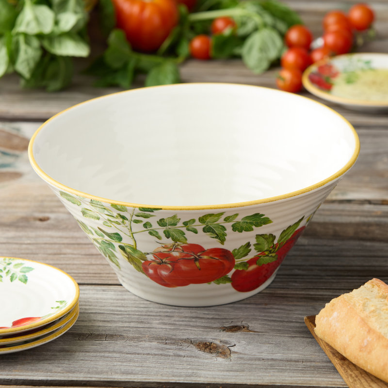 Bol profond de 11 pouces Pomodoro - Grand bol de service en grès de 106 oz avec motif vibrant de tomate - Vaisselle rustique d'inspiration italienne pour salade, pâtes, risotto et plus