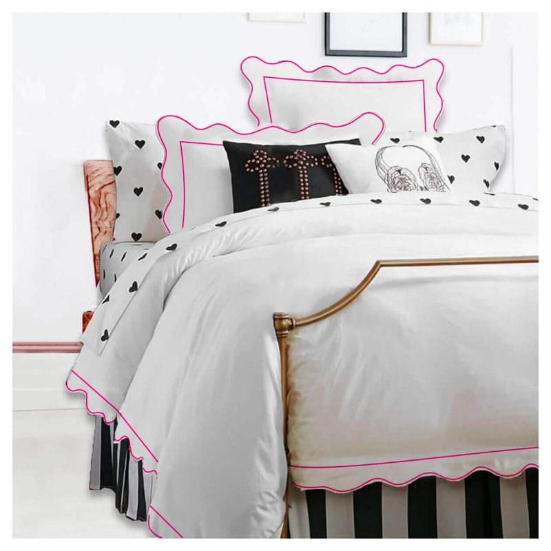 400TC Cotton Scallop Embroidery & Border Sateen Solid Duvet Cover Set, Twin/Twin XL Duvet Cover, White/Hot Pink