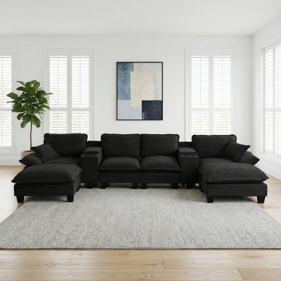 Modular Cloud Couch, U-Shape Sailboat Sofa with 2 Storage Central Consoles & Cup Holders, USB Port, 2 Ottomans & 2 Pillows, Chenille for Apartment & Living Room