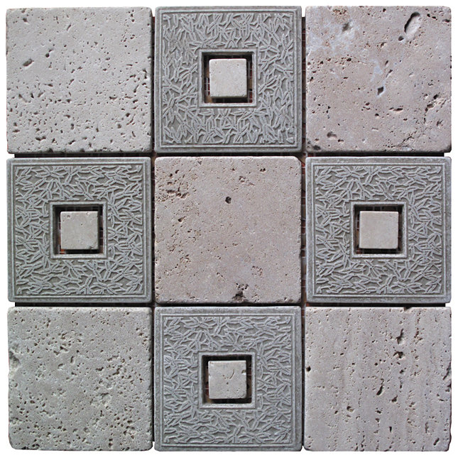 Natural Splendour 4" x 4" Natural Stone and Travertine Mosaic Tile in Grey and Tan