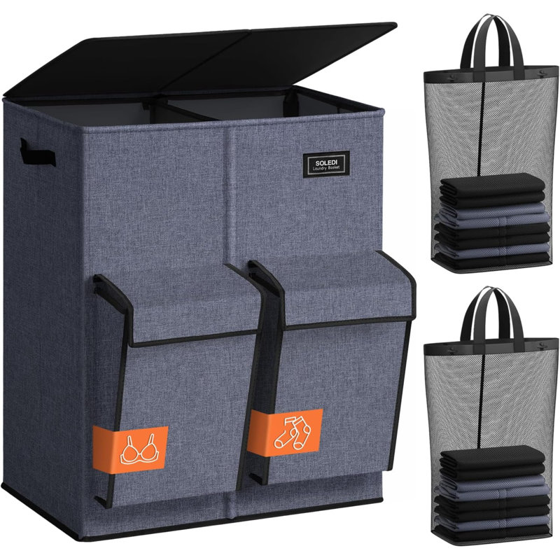 Double Laundry Hamper With Lid, 47.8 Gal (180L) Large Laundr Basket 2 Section With 2 Side Pockets, Dirty Clothes Hamper With Removable Bag, Easy To Carry For Laundry Room, Bedroom, Navy Blue