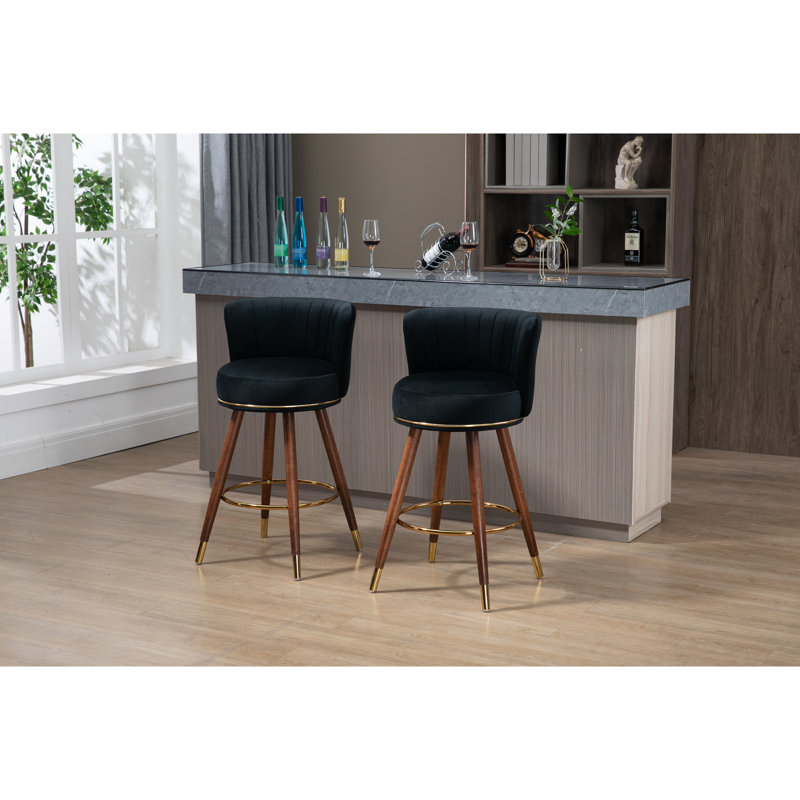 De 2 tabourets de bar à hauteur de comptoir - Pattes fixes en bois massif à 360 degrés Repose-pieds pivotant et confortable avec insert intérieur et tabouret noir